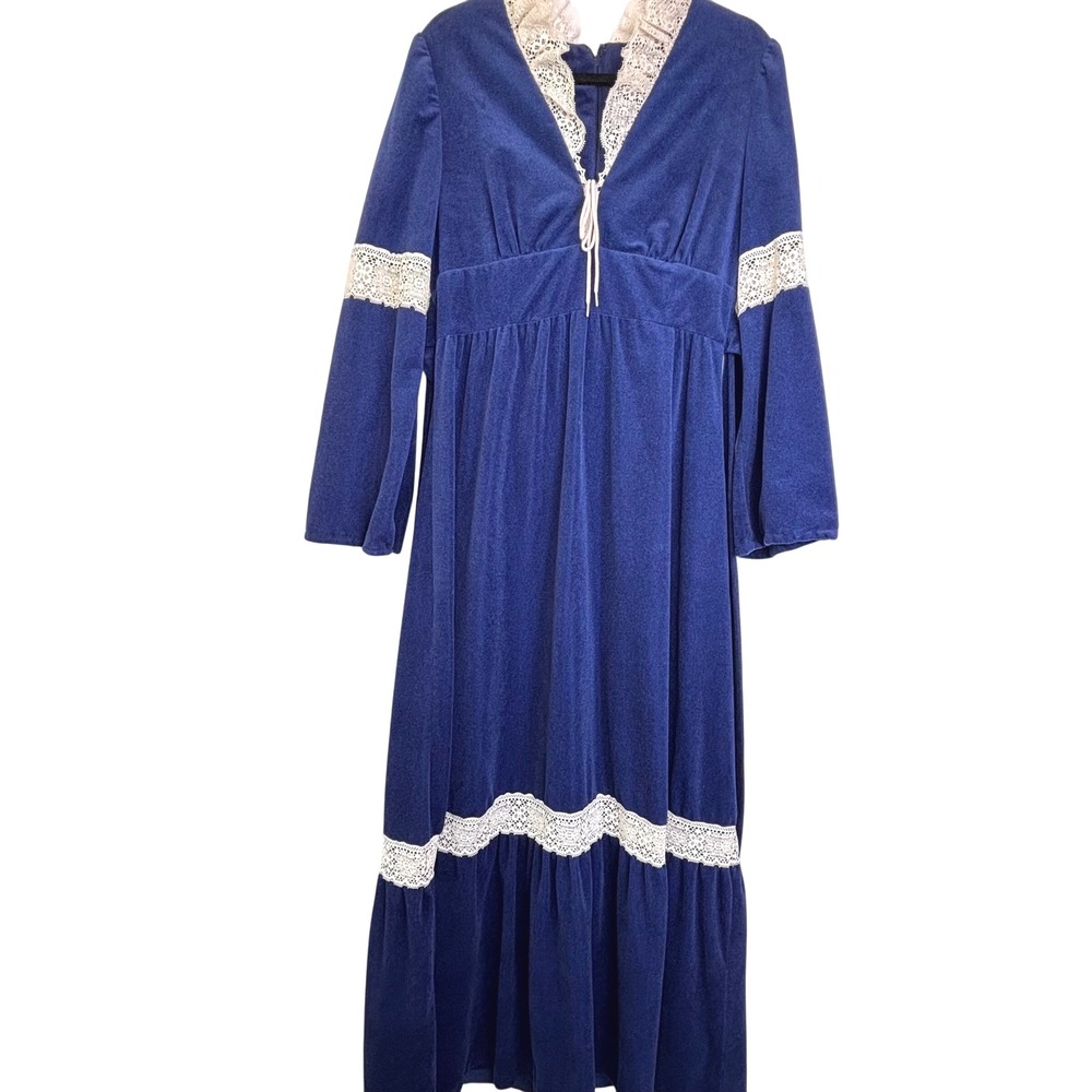 Vintage 70s Blue Velour Maxi Tiered Dress Crochet Lace Trim Lace Up V Neck Sz S